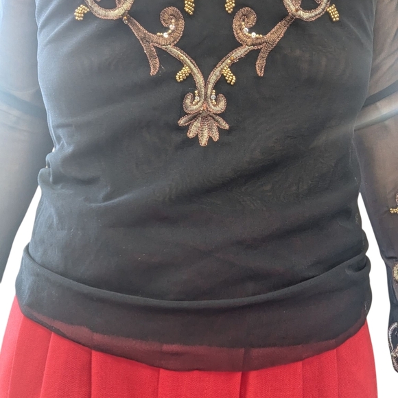 Cache Black Mesh Embellished Long Sleeve Top Sheer Beaded Scrolls | Small - Picture 6 of 9